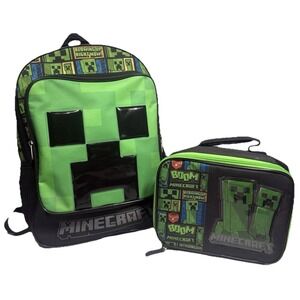 Minecraft Creeper Backpack & Lunchbox Set Black Green School Bag GUC‎